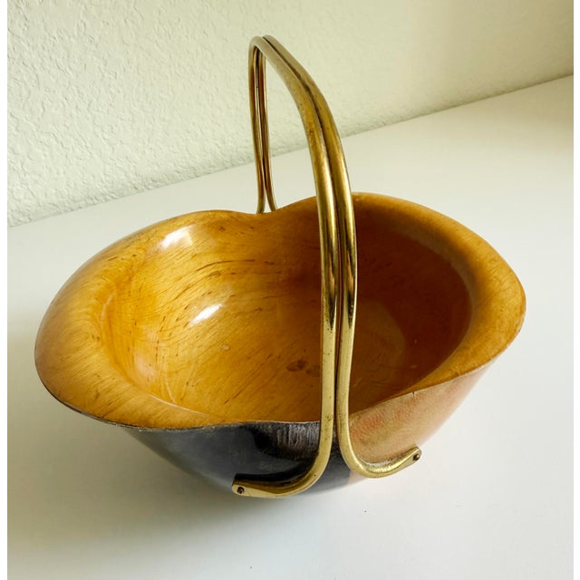 Mid-Century Modern Aldo Tura for Macabo Cusano Goat Leather, Wood, & Brass Handled Bowl, Italy 1960s For Sale - Image 3 of 13