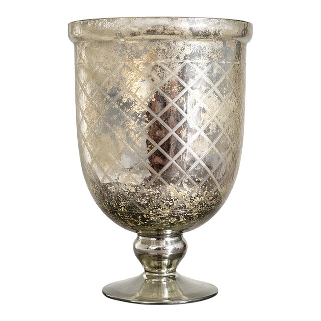 Late 20th Century Large Etched Mercury Glass Urn Vase — Overscale Pedestal Form With Diamond Lattice | Designer Statement Accent For Sale