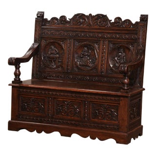 19th Century French Renaissance Carved Oak Bench With Figural Motifs For Sale