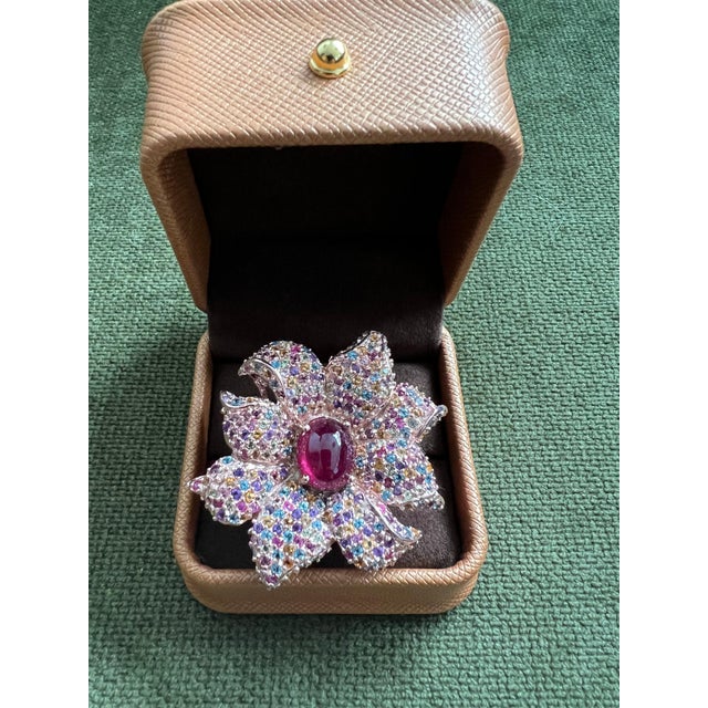 Bochic "Orient" Natural Ruby & Natural Multi Gem Ring Set In 18K Gold & Silver Natural Oval Shape Ruby 4.50 Carat Natural...