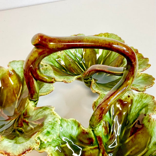 Olive Vintage Americana Folk Art Majolica Faux Bois Leaf and Branch Relish Dish, 3 Sections. For Sale - Image 8 of 11