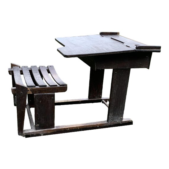 Antique Brown Painted Children's School Bench and Desk, 1920s For Sale