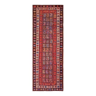 1900s Brown Geometric Tribal Antique Caucasian Moghan Rug 3'7" X 8'8" Knotted Wool Carpet For Sale