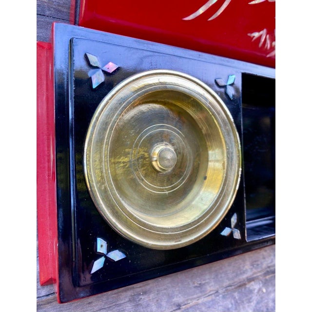 Wood Vintage Japanese Red Lacquer Smoking Box With Mother-of-Pearl Birds and Brass Ash Receiver For Sale - Image 7 of 16