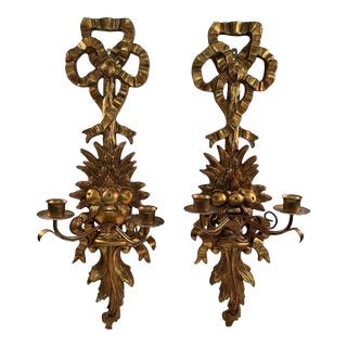 Late 20th Century Italian Style Giltwood Candle Wall Sconces - a Pair For Sale
