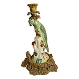 Antique Ormolu Mounted Hand Painted Porcelain Parrot Candlestick Holder 14" tall For Sale