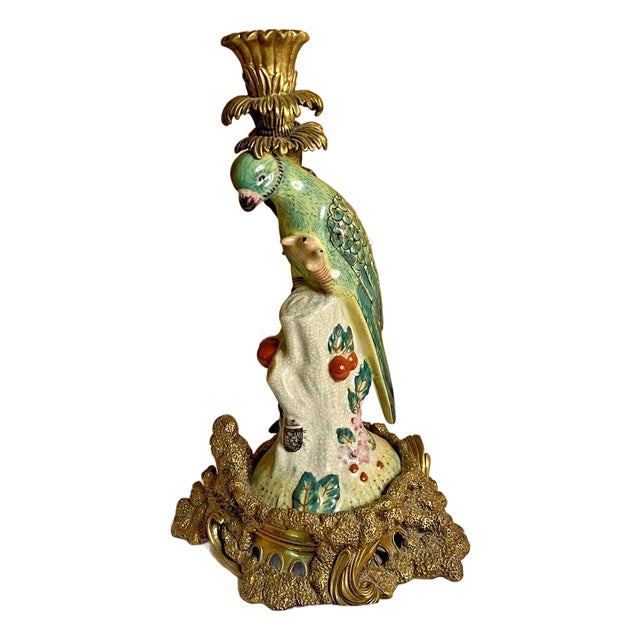 Antique Ormolu Mounted Hand Painted Porcelain Parrot Candlestick Holder 14" tall For Sale