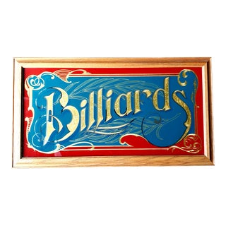 Vintage Wood Framed Metalic Gold Billiards Bar Sign For Sale