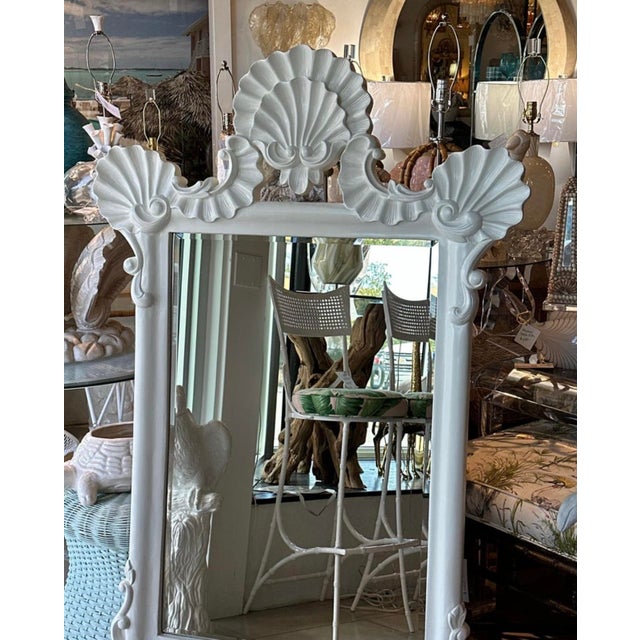 Vintage Large Palm Beach White Satin Lacquered Shell Seashell Wall Mirror For Sale In West Palm - Image 6 of 11