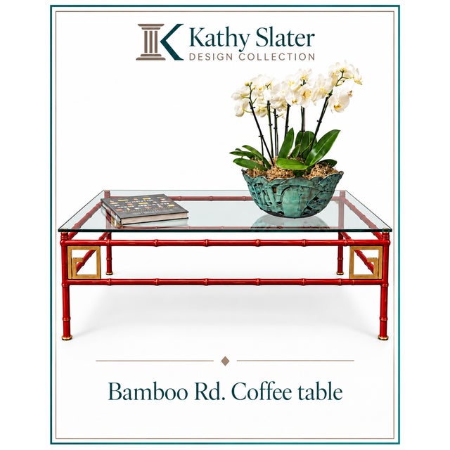 Add some color with this hand painted iron bamboo base with aged gold leaf Greek key accent Chinese red finish /...