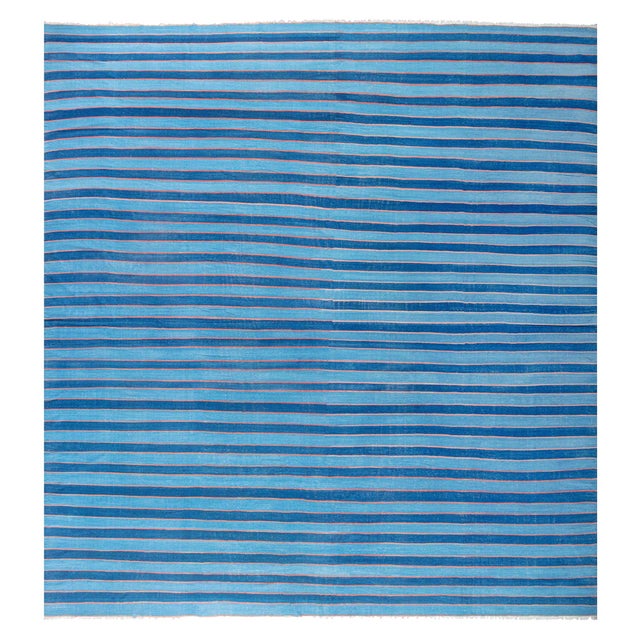 Doris Leslie Blau Vintage Indian Dhurrie Striped Blue Rug For Sale