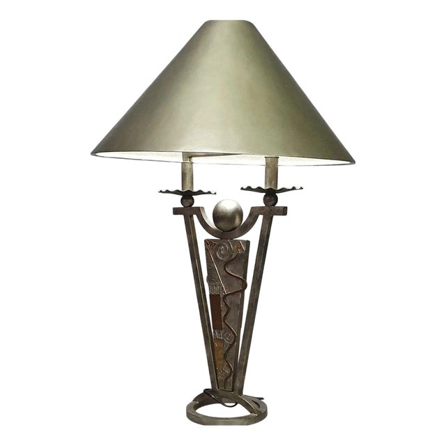 Brutalist Lamp with Metal Shade For Sale