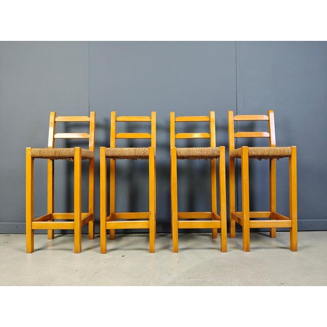 Vintage Oak and Papercord Bar Stools, 1960s, Set of 4 For Sale - Image 11 of 15