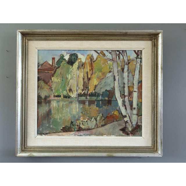 AUTUMN REFLECTIONS Size: 20.5 x 23.6 inches (including frame) Oil on canvas An expressive mid-century landscape that...