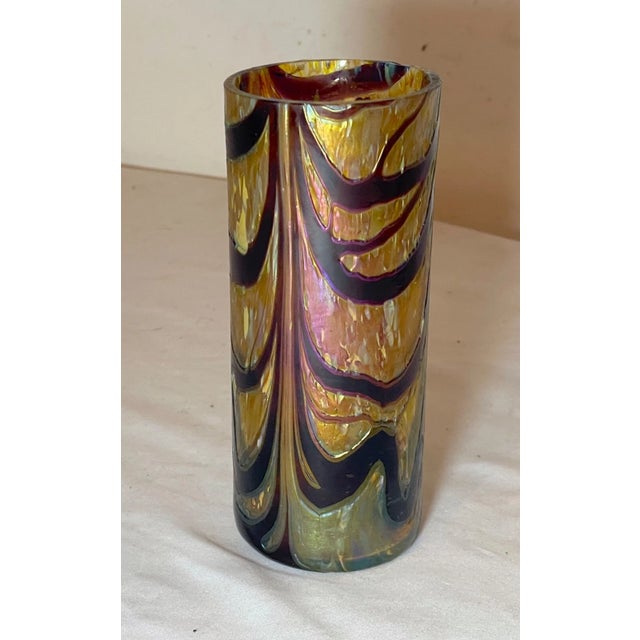 Kralik Glassworks Antique Hand Blown Kralik Czech Aurene Iridescent Rainbow Cylinder Glass Vase For Sale - Image 4 of 12