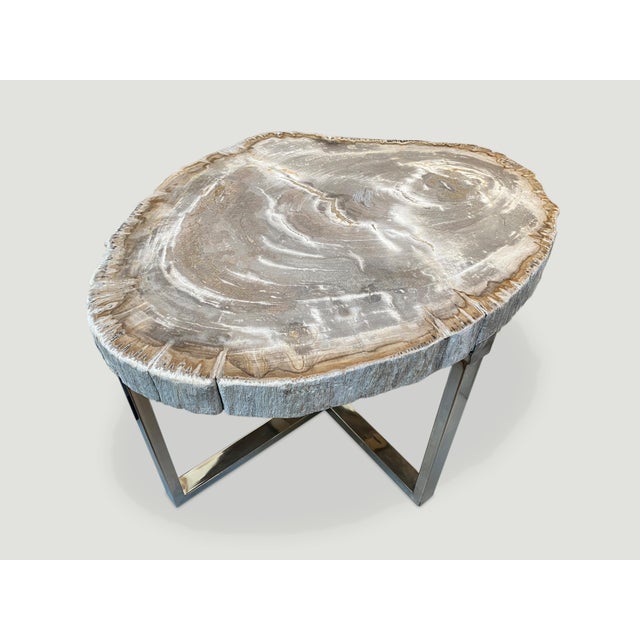 Stunning neutral tones in this high quality petrified wood 2.5” slab top side table. We have added a Minimalist stainless...