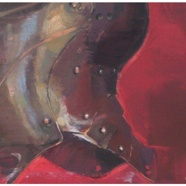 Iron Man Exists by Elena Burykina | Oil on panel Portrait of a metallic helmet on a red background. For Sale - Image 4 of 5