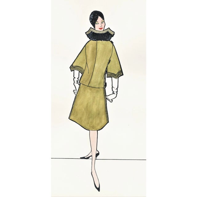 1950s Rare French Fashion Drawing in Gouache With Documentation, Matted For Sale - Image 4 of 6