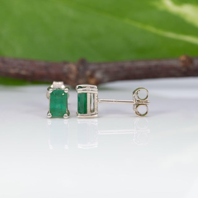 Zambian Emerald Solitaire Stud Earrings, Solid 14k Gold - Emerald Cut 5×3mm, Pair For Sale - Image 4 of 7