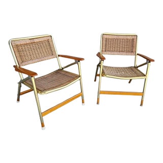 Mid Century Modern Telescope Wicker and Aluminum Folding Armchairs - Set of 2 For Sale