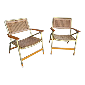 Mid Century Modern Telescope Wicker and Aluminum Folding Armchairs - Set of 2