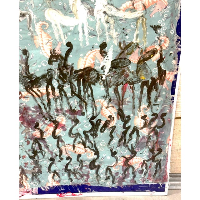 Purvis Young Mixed Media on Poster Board with Seahorse Fabric & Painted Warriors For Sale - Image 13 of 18
