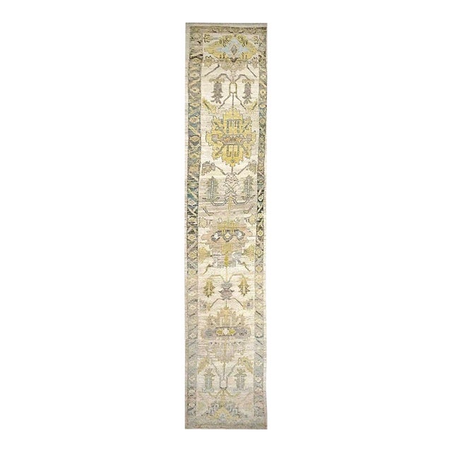21st Century Turkish Oushak Wool 3x19 Yellow, Ivory & Charcoal Handmade Runner Rug #1144144 For Sale