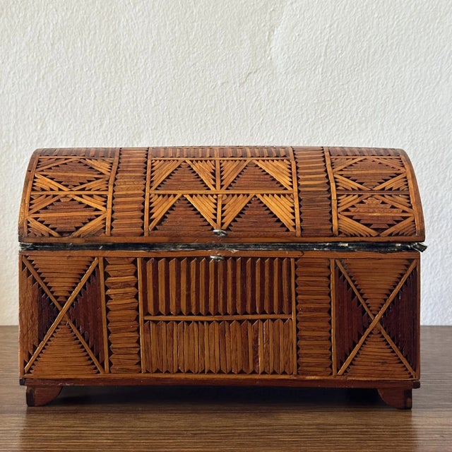 Vintage Tramp Art Trinket Box of Match-Sticks in Bold Geometric Pattern, lined in velvet with mirror. Measures approx: 7H...