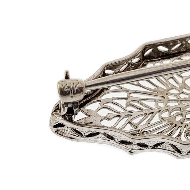 Art Deco Platinum Diamond 14k White Gold Filigree Long Brooch For Sale In Miami - Image 6 of 6