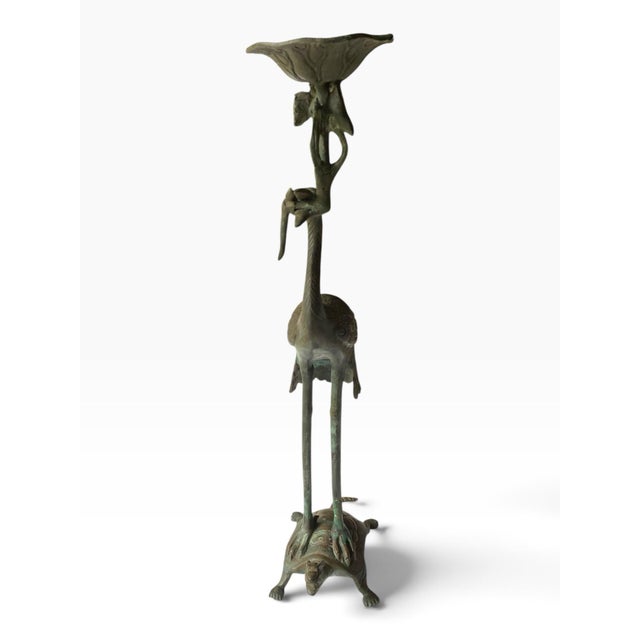Mid 20th Century Tsuru-Kame Japanese Brass Crane and Turtle Pricket Candleholder For Sale - Image 5 of 7