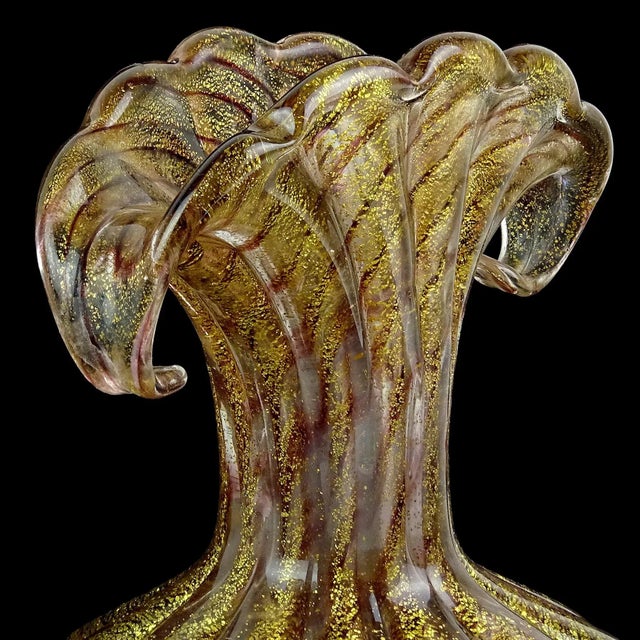 Glass Vintage Murano Barovier Toso Purple Swirl Gold Flecks Italian Art Glass Curled Fan Top Flower Vase For Sale - Image 7 of 11