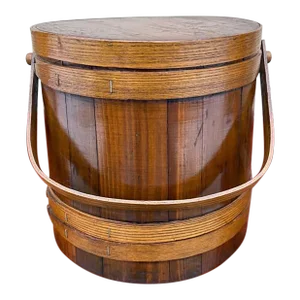 Vintage Primitive Firkin Style Lidded Sugar Bucket With Handle
