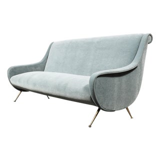 Mid-Century Lady Sofa in Powder Blue Velvet Mohair & Brass Legs by Marco Zanuso For Sale