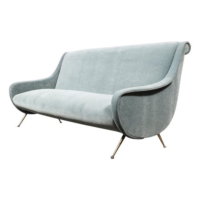 Mid-Century Lady Sofa in Powder Blue Velvet Mohair & Brass Legs by Marco Zanuso For Sale