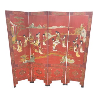 Antique Chinese Four-Panel Lacquer Screen – Hand-Painted Garden Scene For Sale