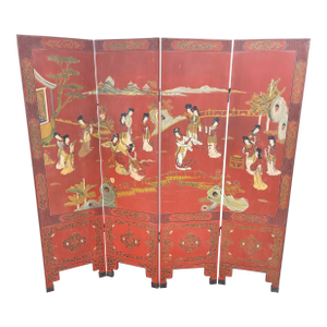 Antique Chinese Four-Panel Lacquer Screen – Hand-Painted Garden Scene With Female Figures