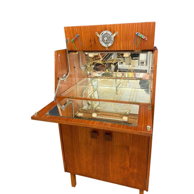 Brown 1950s Vintage Mid Century Modern Teak Wood Petite Flip Top Cocktail Table Bar Cabinet Uk Import For Sale - Image 8 of 11