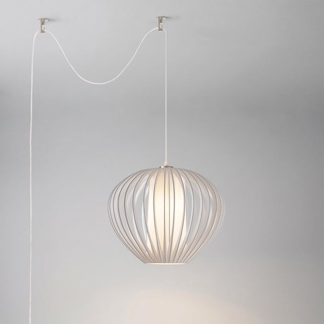 Nova Bloom 14 Inch Swag Lamp by Nova of California - Sphere White Satin Shade With White Slatted Cage Globe - Plug-in Bubble Orb Pendant For Sale - Image 4 of 7