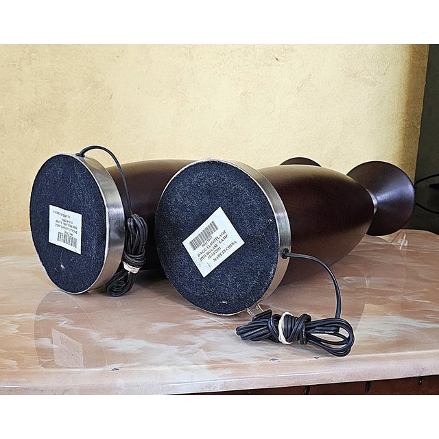Chocolate Pair of Contemporary Espresso Wood Hourglass Lamps With Brushed Nickel Accents and Linen Shades For Sale - Image 8 of 18