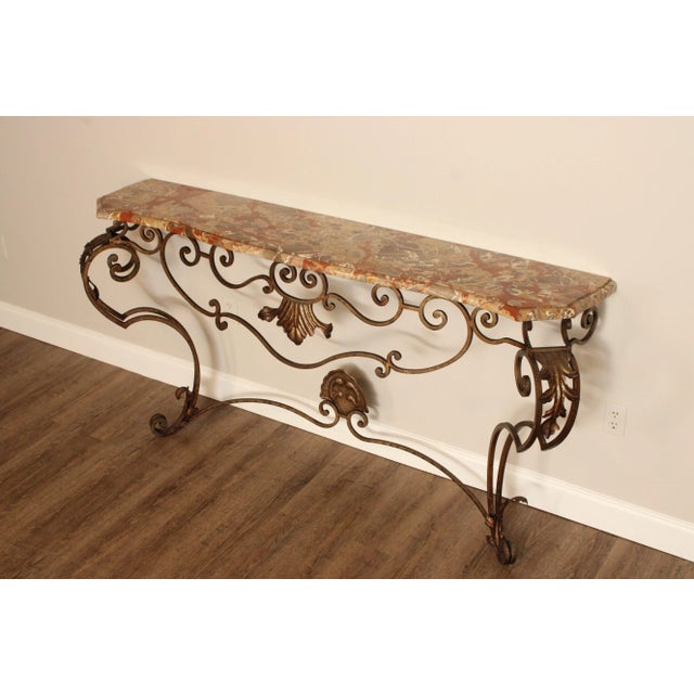 Metal Mid 20th Century Rococo Style Custom Wrought Iron Marble Top Console Table For Sale - Image 7 of 12