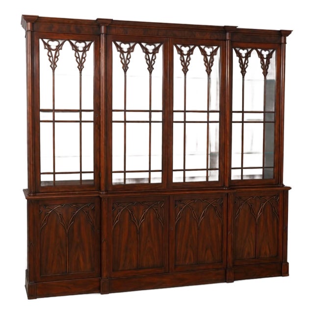 John Widdicomb Vintage Large Walnut Gothic Design Breakfront Display Bookcase For Sale