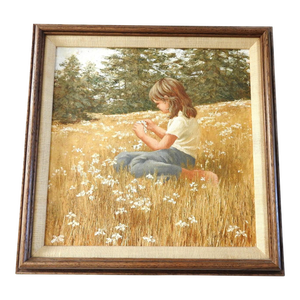 1970s Small Framed Oil Painting of Girl in Meadow