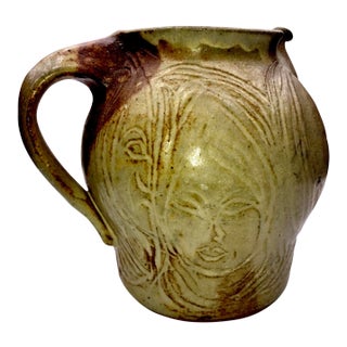Mid 20th Century Abstract Faces Art Studio Pottery Pitcher For Sale