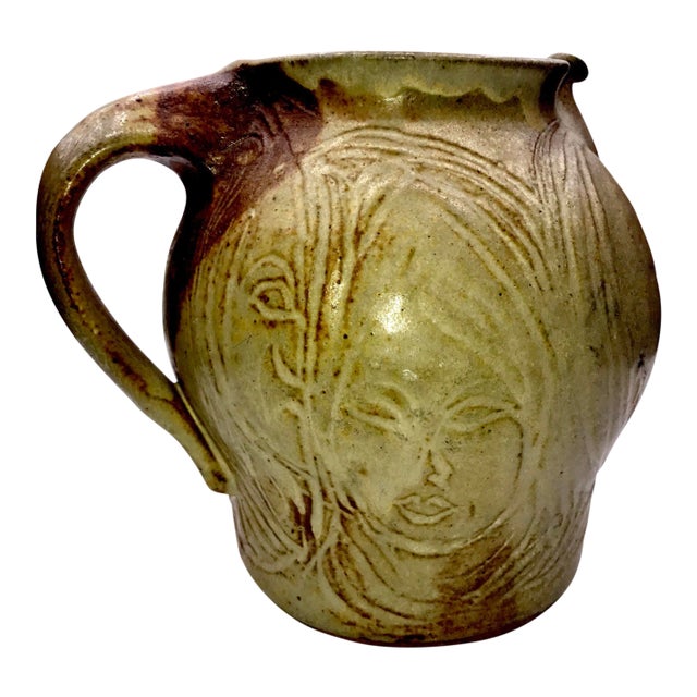 Mid 20th Century Abstract Faces Art Studio Pottery Pitcher For Sale
