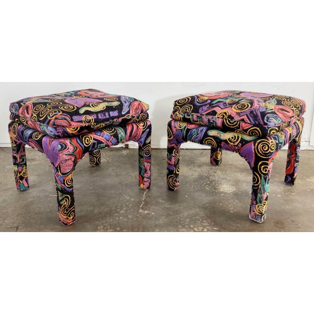 Vintage Postmodern Abstract Upholstered Parsons Stools, a Pair For Sale - Image 4 of 10