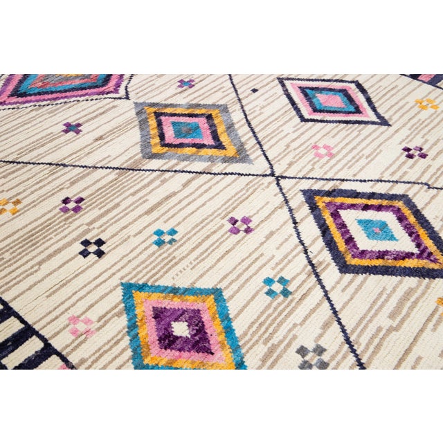 Modern Moroccan Style Handmade Multicolor Tribal Wool Rug For Sale - Image 10 of 12