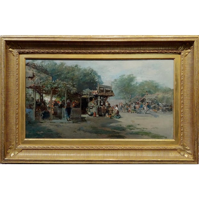 Ransome Gillet Holdredge -Market scene at the Old Village-19th century Oil painting California Impressionist oil painting...