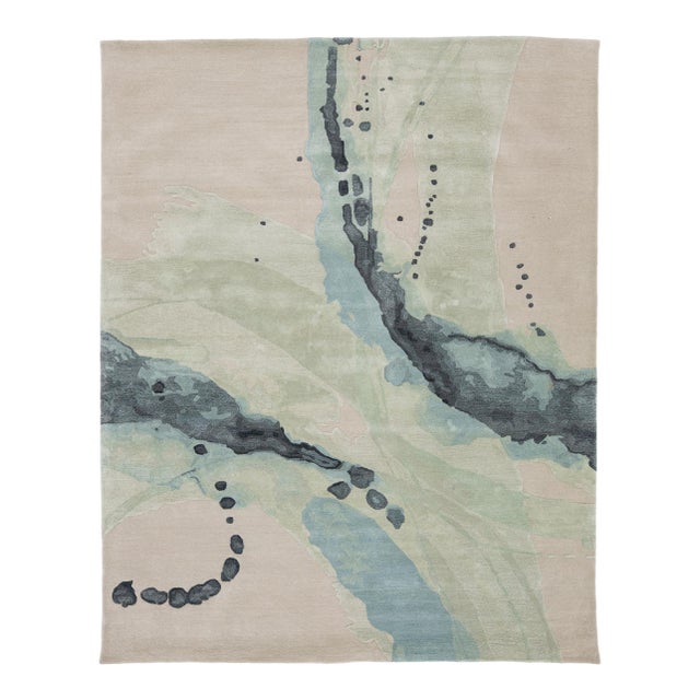 Abstract Fluidity - Modern Hand-Tufted Wool and Viscose Rug in Sage & Slate 8x10 For Sale