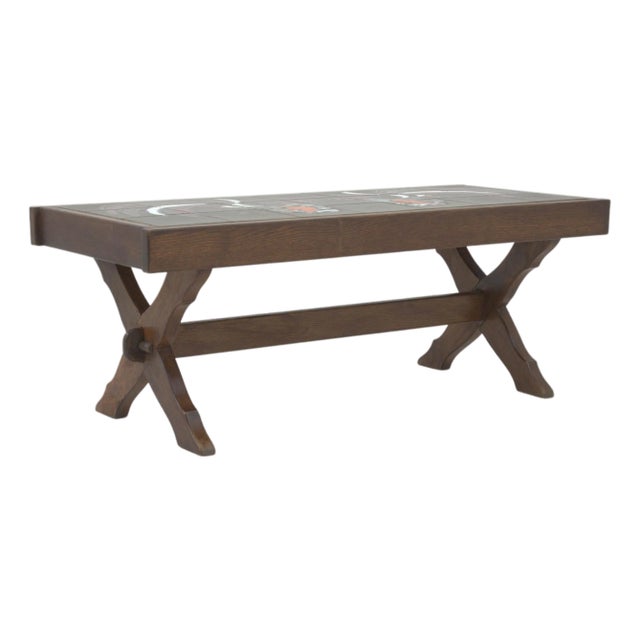 20th Century French Wooden Coffee Table With Ceramic Top For Sale