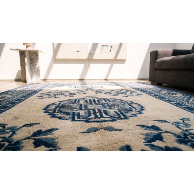 1920s Ivory Field Medallion Antique Chinese Baotou Rug 3' X 6' Handknotted Pile Wool Carpet For Sale - Image 10 of 11